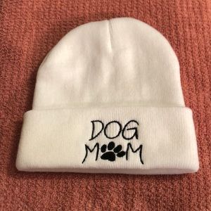 “Dog Mom” Beanie White Winter Hat